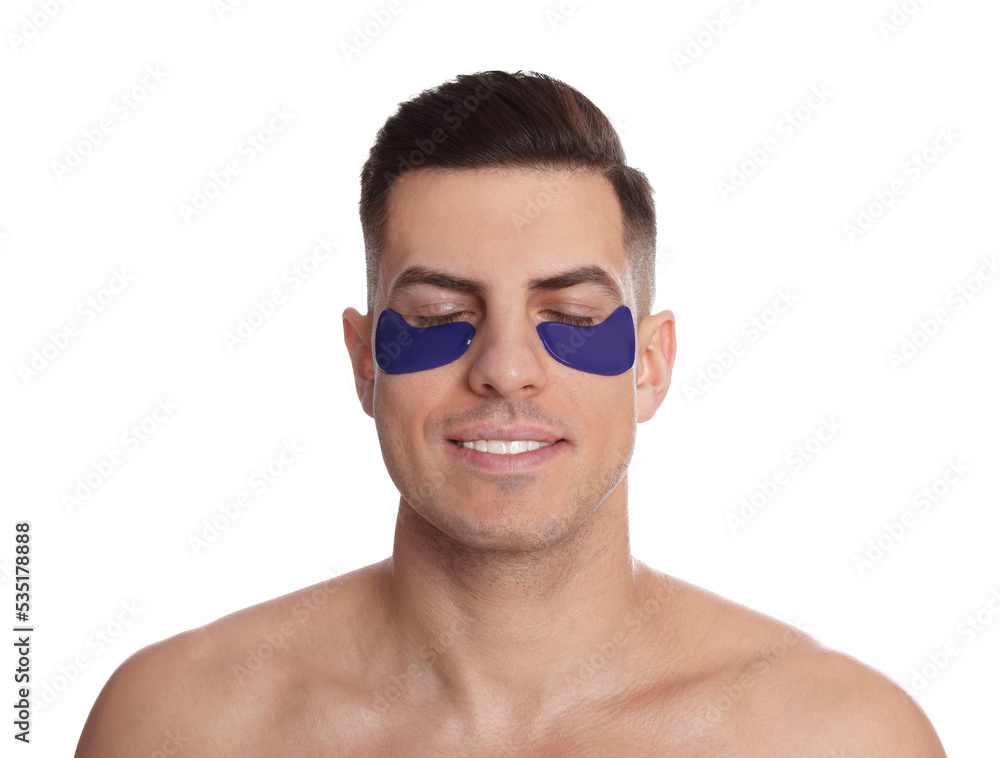 Man with blue under eye patches on white background Man with blue under eye patches on white background