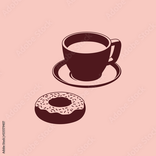 Color illustration. Cup with saucer  donut on the background. Vector graphics. Design element for banner  poster  sticker  label  emblem  print  badge. Illustration on the theme of food.