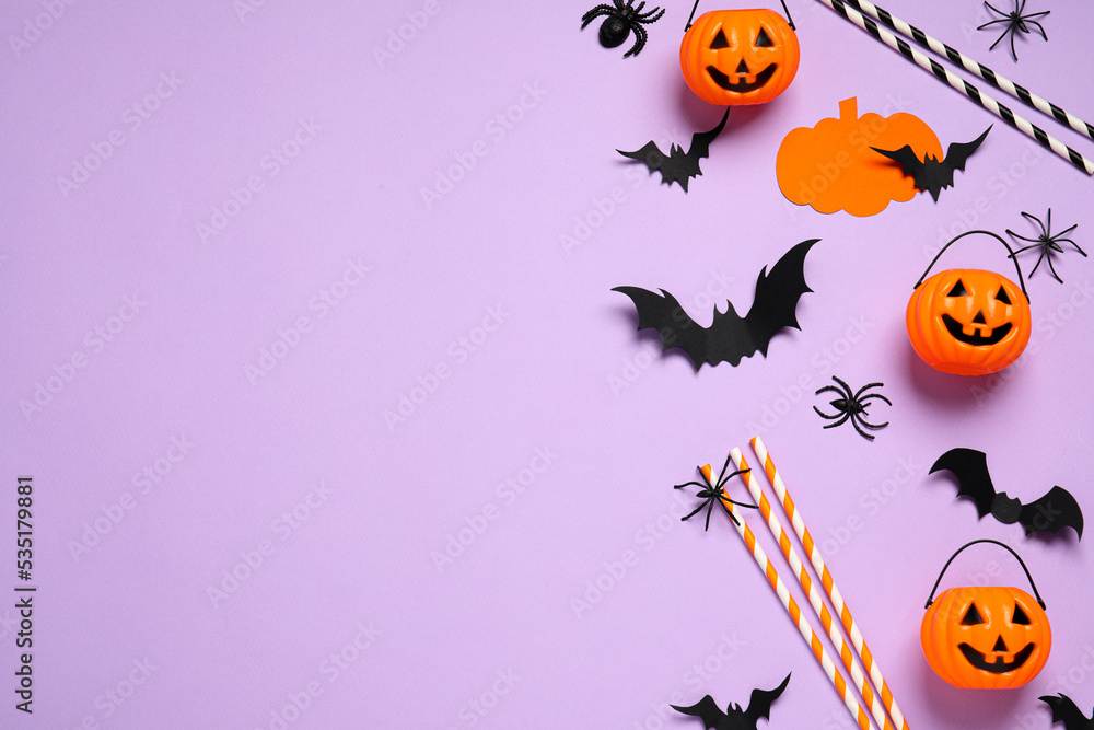 Flat lay composition with paper bats, spiders, plastic pumpkin baskets and cocktail straws on light violet background, space for text. Halloween decor
