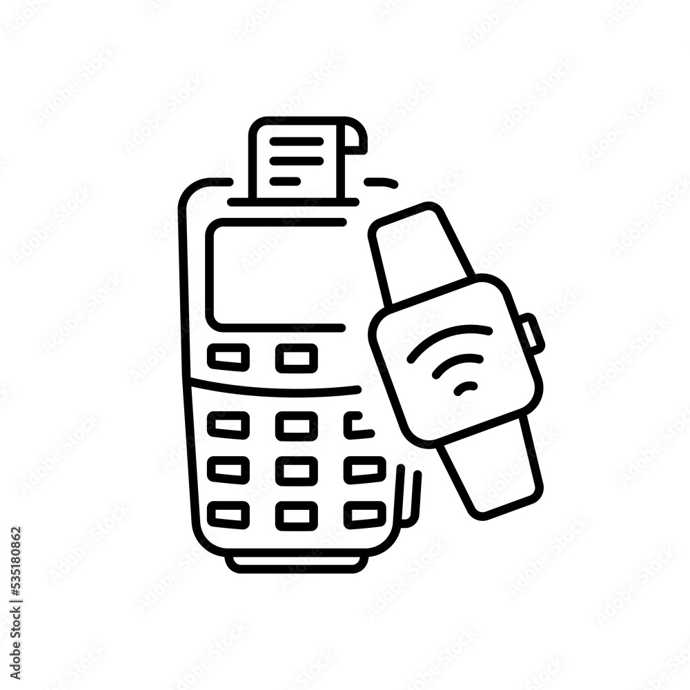 NFC Smart Watch for Cashless Pay Outline Icon. Wireless Payment on Terminal Transaction Linear Pictogram. Electronic Smartwatch Paying on POS Line Icon. Editable Stroke. Isolated Vector Illustration