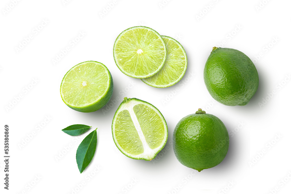 Green lime with leaf and cut in half slice isolated on white background, top view, flat lay. Green lime with leaf and cut in half slice isolated on white background, top view, flat lay.