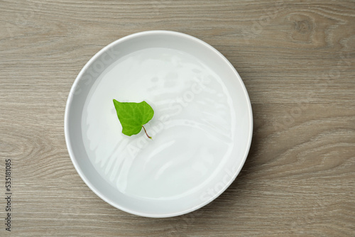 White bowl with water and green leaf on wooden table, top view