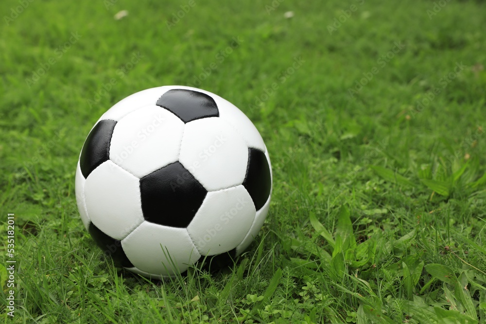 Soccer ball on green grass outdoors, space for text Soccer ball on green grass outdoors, space for text