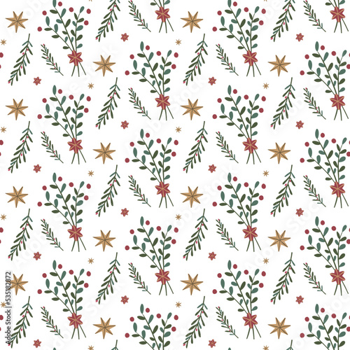 Christmas seamless pattern with stars and leaves on a white background