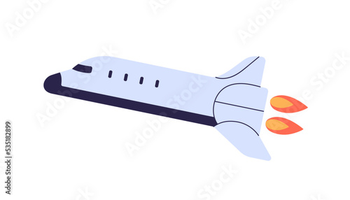 Space rocket flying with fire flame from engine. Spaceship, rocketship with booster travels. Spacecraft in cosmos. Business startup concept. Flat vector illustration isolated on white background