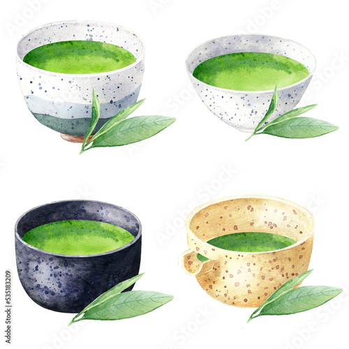 Matcha green tea in modern ceramic bowls with leaves. Watercolor illustration of herbal asian tisane. collection of cups for menu, logo, recipe, label, packaging design. Traditional japanese drinks.