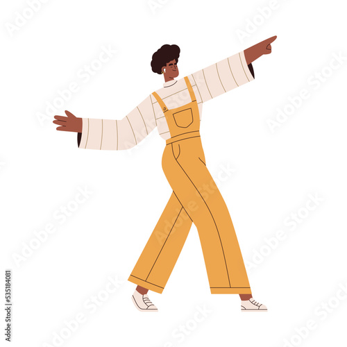 Happy black woman in earphones dancing to music. Young African-American girl in earbuds moving to song with fun, joy, rejoicing, enjoying. Flat graphic vector illustration isolated on white background