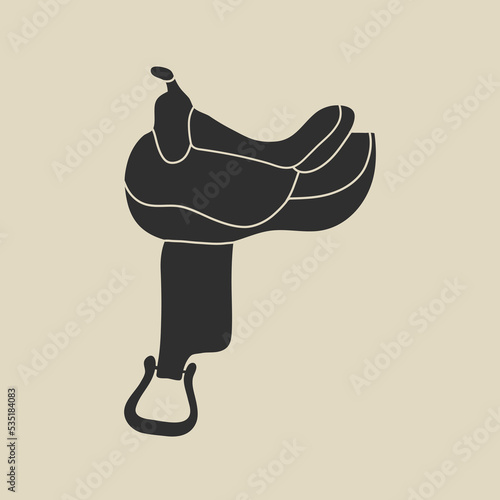 Wild west vintage element in modern flat, line style. Hand drawn retro vector illustration of old western cowboy leather saddle, cartoon rodeo design, patch, badge, emblem, logo.