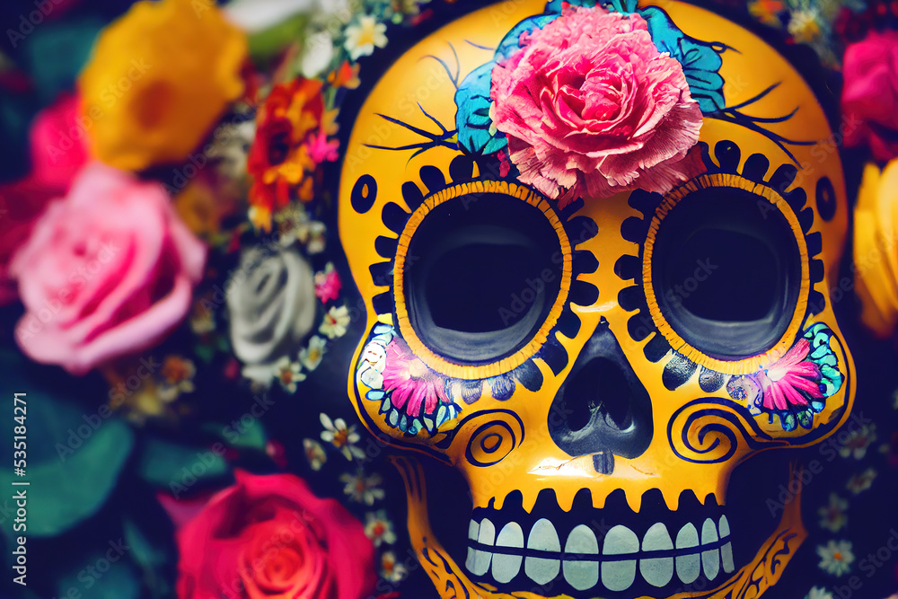 Fototapeta premium Calavera, Mexican sugar skull makeup and flowers for dia de los Muertos (Day of the Dead). 3 d render.