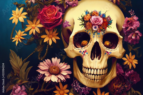 Calavera, Mexican sugar skull makeup and flowers for dia de los Muertos (Day of the Dead). 3 d render.