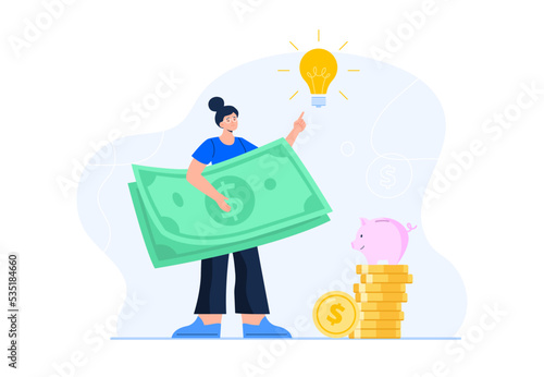Personal finance management concept. Business incomes. A woman with an idea of where to invest the earned money to make a profit. Vector flat illustration isolated on the white background.