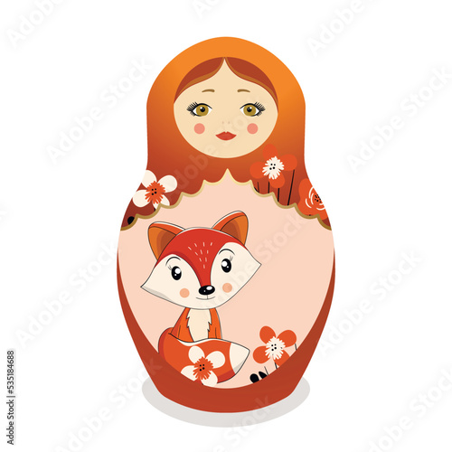 Russian Matryoshka. Traditional Russian folklore dolls with big eyes and lips. Babushka doll with hohloma, traditional painted floral pattern. Hand drawn vector illustration