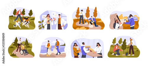 Volunteers and social charitable works set. Charity, help, voluntary support, care, aid for senior and needy people, animals, nature, refugees. Flat vector illustrations isolated on white background