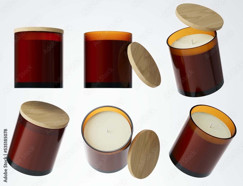 Aroma candle in brown glass jar with cotton wick and wooden lid 3D ...