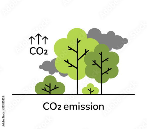 CO2 emission reduction concept line art vector illustration isolated on white. Carbon gas emission, zero carbon footprint, greenhouse effect, stop global warming, climate changes, air pollution.