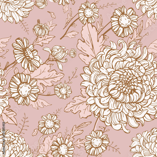 Pink chrysanthemums seamless pattern