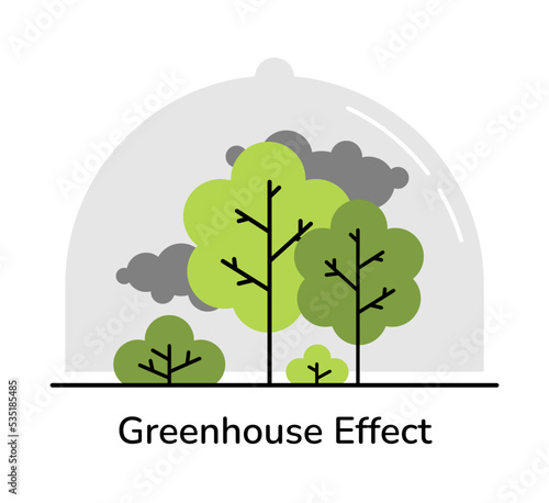 CO2 emission reduction concept art. Linear style vector illustration of trees under the glass dome full of greenhouse fumes. Stop global warming, zero carbon footprint, co2 neutrality vector.