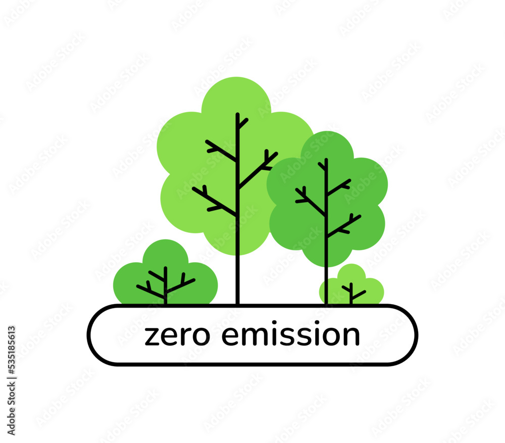 Obraz premium Zero emissions banner label sign isolated on white. Line art trees forest ecology environment, co2 emission reduction concept, stop global warming, air pollution, climate changes Zero carbon footprint