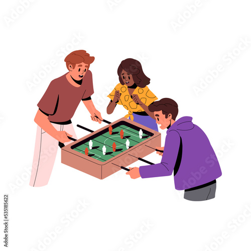 Friends playing soccer table game. People players during foosball, toy football. Characters and fun, leisure activity, entertainment. Colored flat vector illustration isolated on white background