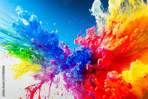 Exploding liquid paint splashes in rainbow colors photo