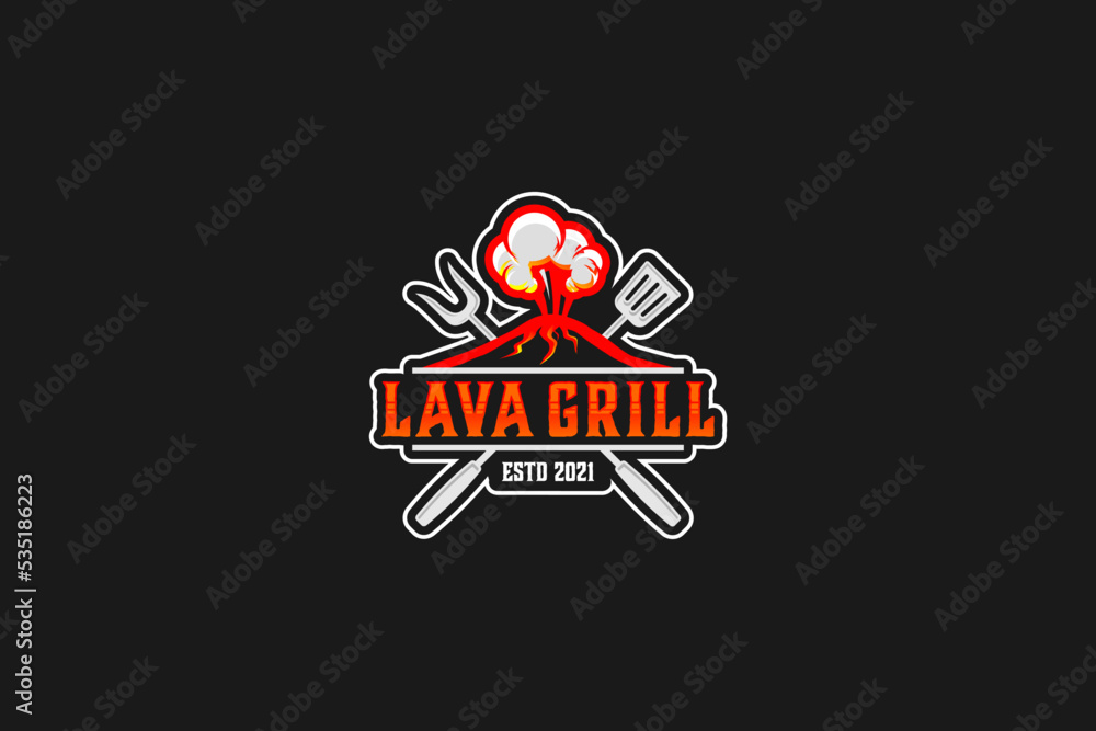 Barbecue bbq grill restaurant food drink logo design - barbeque fire meat sausage spatula element. mountain volcano lava grill.