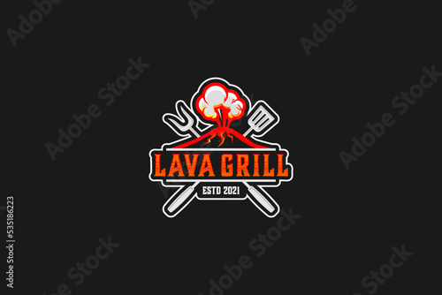 Barbecue bbq grill restaurant food drink logo design - barbeque fire meat sausage spatula element. mountain volcano lava grill.