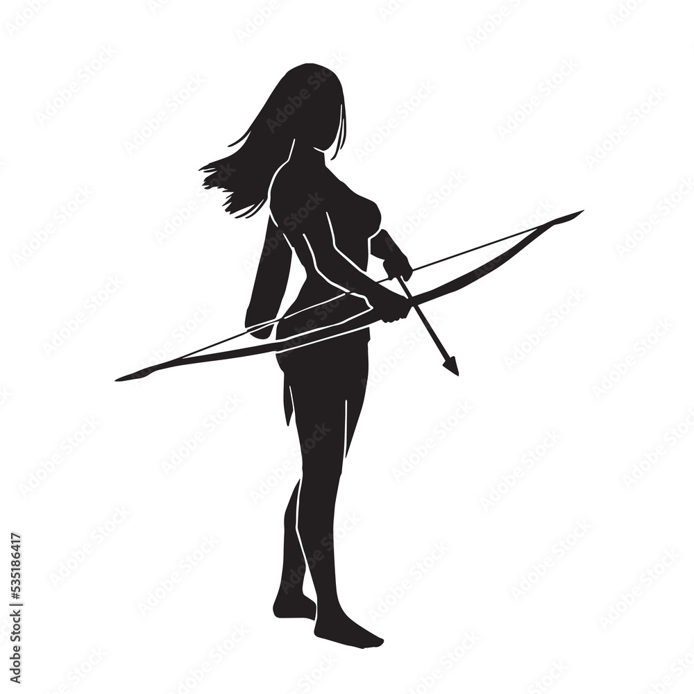 Woman Archer Silhouette. female archer warrior - Vector Illustration Woman Archer Silhouette. female archer warrior - Vector Illustration