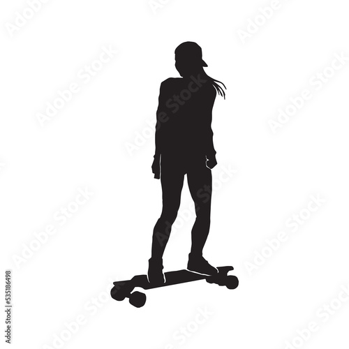 Black silhouette of skateboarder. Skateboard girl. Skateboarding trick ollie. Jump on skateboard. Vector illustration. Silhouette of a cute girl with long hair, with skateboard. 