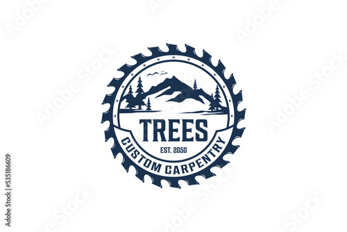 Village hills logo design rocky mountain with circular saw carpenter timber lumberjack pine tree  icon symbol