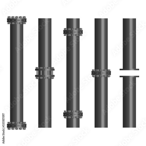 Set of steel pipes with flanges, 3D vector illustration.