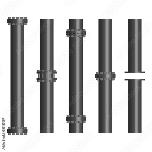 Set of steel pipes with flanges, 3D vector illustration.