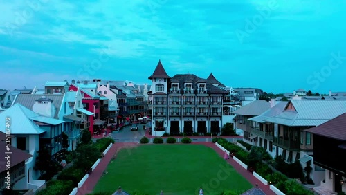 Drone view flying away from the Pearl Hotel in Rosemary Beach Florida. photo