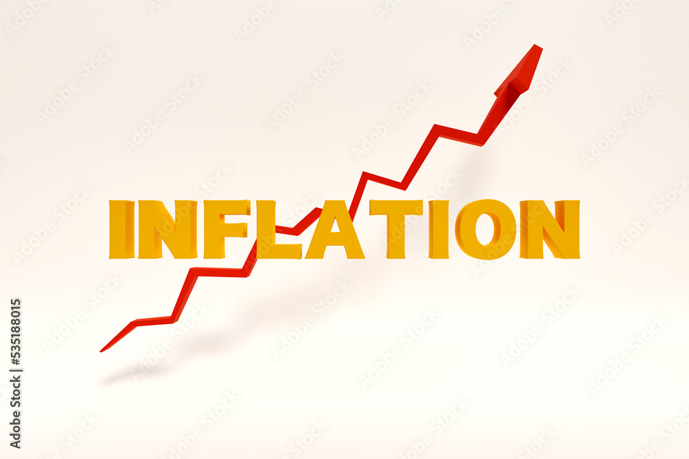 Inflation, rising prices and social issue. Red rising arrow as symbol for rising prices and increased inflation. 3D illustration Inflation, rising prices and social issue. Red rising arrow as symbol for rising prices and increased inflation. 3D illustration