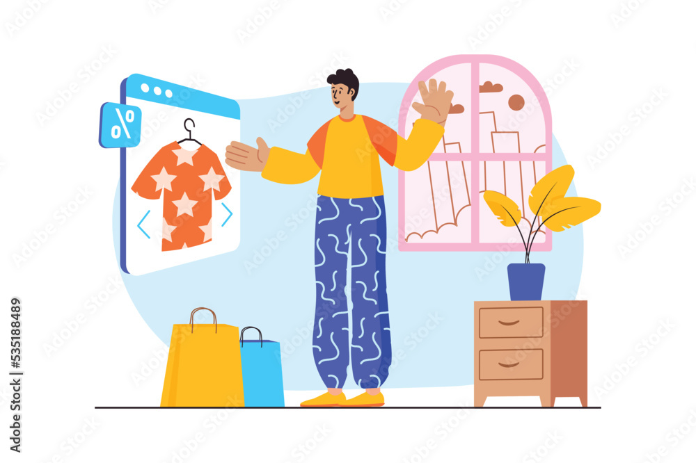 Shopping concept with people scene in the flat cartoon style. Guy orders clothes with discounts in an online store. Vector illustration. Shopping concept with people scene in the flat cartoon style. Guy orders clothes with discounts in an online store. Vector illustration.