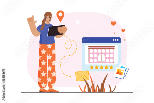 Traveling hotel concept with people scene in the flat cartoon style. Woman is booking a hotel room for an upcoming vacation. Vector illustration.
