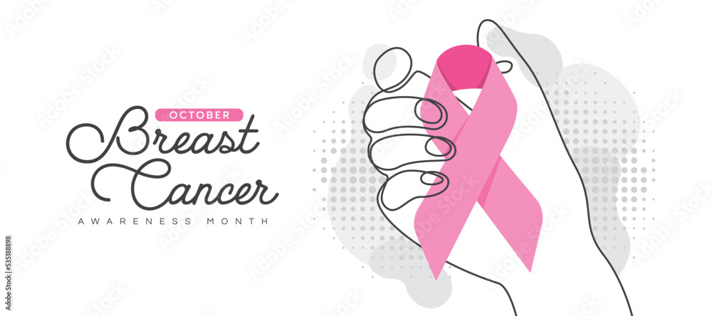 Breast cancer awareness month - woman abstract line drawing hand hold pink ribbon awareness sign vector design