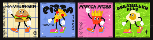 Cartoon characters fast food 90s. Fashion poster. funny colorful characters in doodle style, hamburger, french fries, scrambled eggs, pizza with gloved hands. Vector groovy illustration with typograph