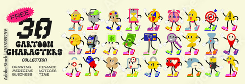 Big set retro cartoon stickers with funny comic characters, gloved hands. Modern illustration with cute comics characters. Hand drawn doodles of comic characters. Set in modern cartoon style