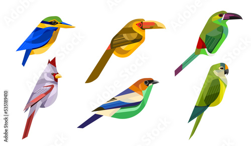 set of birds Maleise Bosijsvogel , ORANGE FRONTED PARAKEET , SAFFRON TOUCANET , DESERT CARDINAL , Indochinese Green-Magpie , Crimson-rumped toucanet © Tanatphong