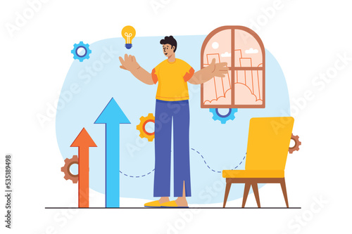 Searching opportunities concept with people scene in the flat cartoon design. Ambitious man is looking for opportunities to implement his ideas. Vector illustration.