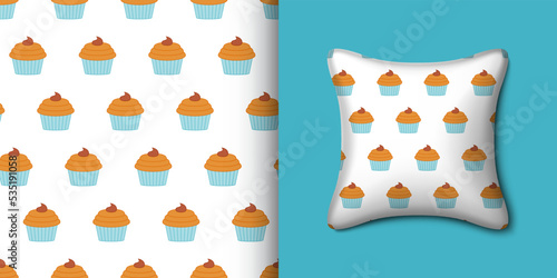 Cupcake seamless pattern with pillow. Vector illustration