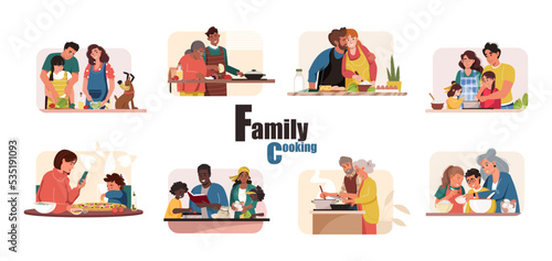 Collection of people cooking together collage set. Parents, grandparents and kids, preparing food, spend time. Smiling men, women, children preparing homemade meals. Flat cartoon vector illustration