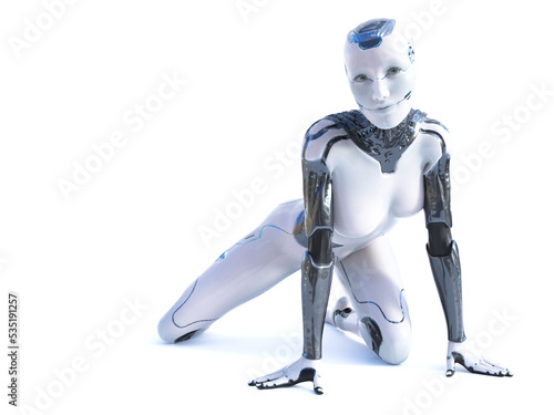 3D rendering of robotic woman on all fours.