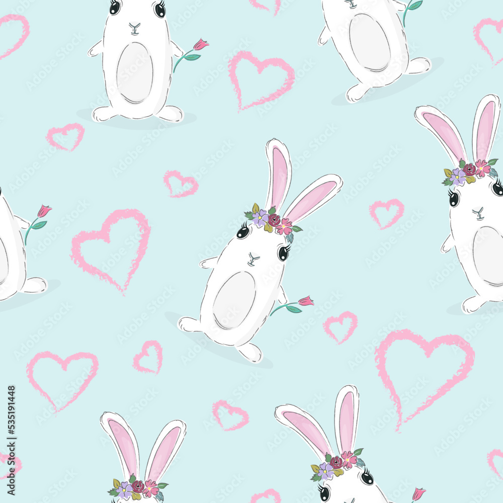 Seamless childish pattern with bunny, flowers and hearts. Creative kids texture for fabric, wrapping, textile, wallpaper, apparel. Vector illustration Seamless childish pattern with bunny, flowers and hearts. Creative kids texture for fabric, wrapping, textile, wallpaper, apparel. Vector illustration
