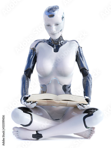 3D rendering of robotic woman sitting down reading.