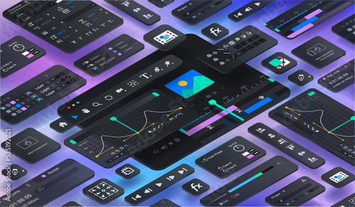 Isometric 3d background in the form of a software windows for a motion designer. Variety of graphical interfaces