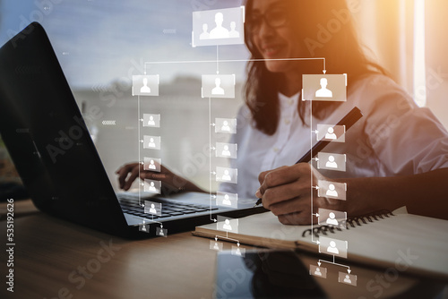 Obraz na plátne business hierarchy Automate business processes and workflows with flowcharts, virtual screens, Mindmap or Organigram, relationship of command or subordination between members