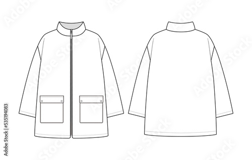 Fashion flat sketch of an oversized zip jacket with patch pockets. Fashion technical drawing of outerwear.