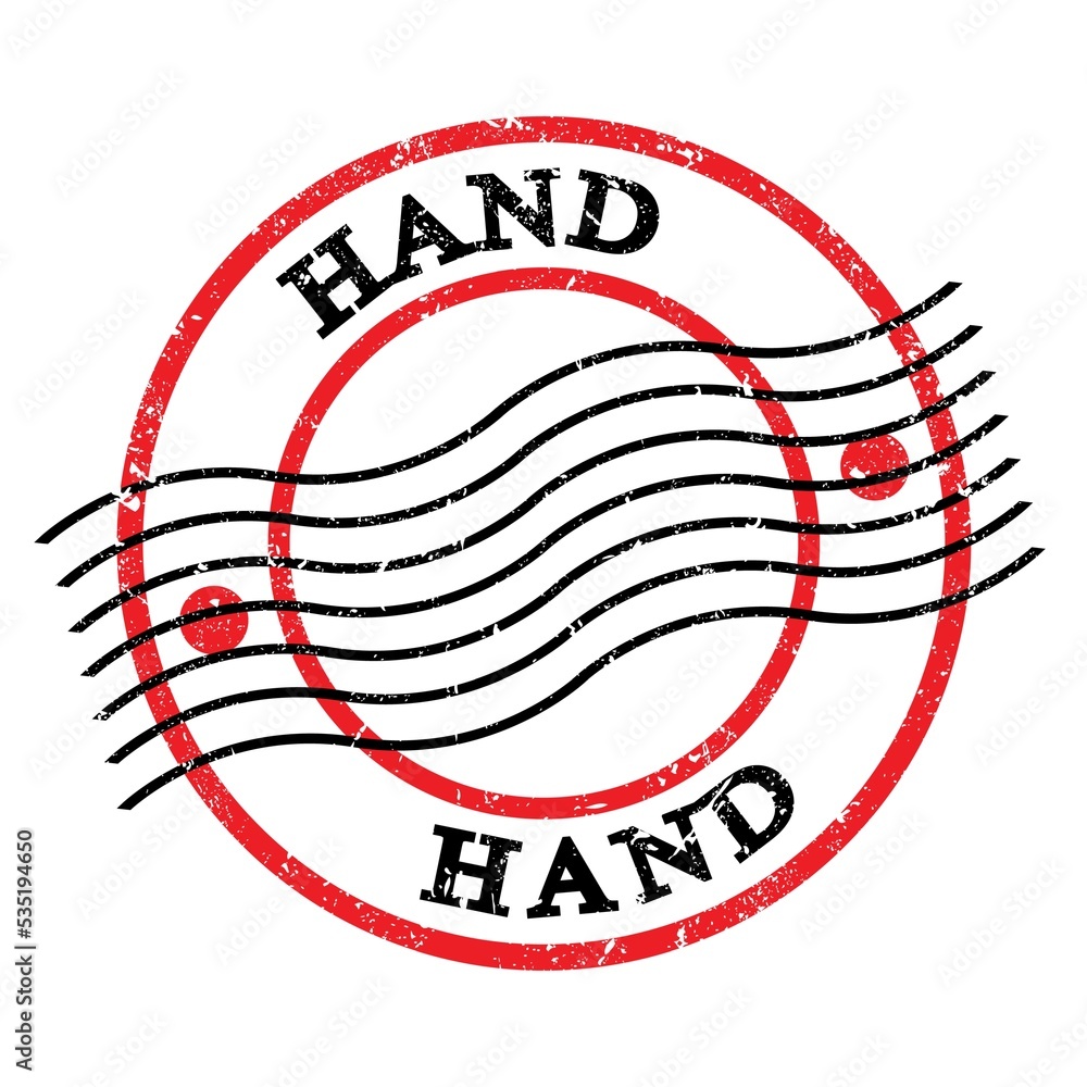 HAND, text written on red-black postal stamp. HAND, text written on red-black postal stamp.
