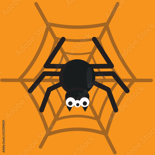 Cute spider in the web on a yellow background